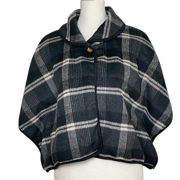 Wool blend plaid tartan checkered cropped poncho shawl jacket topper S - Picture 1 of 17